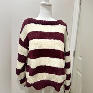 Stylish Burgundy and Cream Striped Sweater